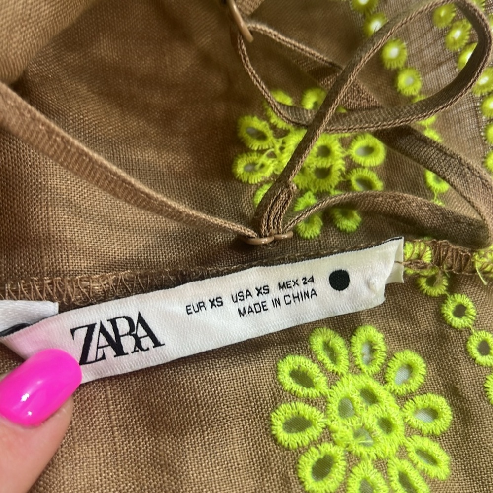 Zara Mocha brown and neon, maxi linen dress size extra small - Picture 2 of 8